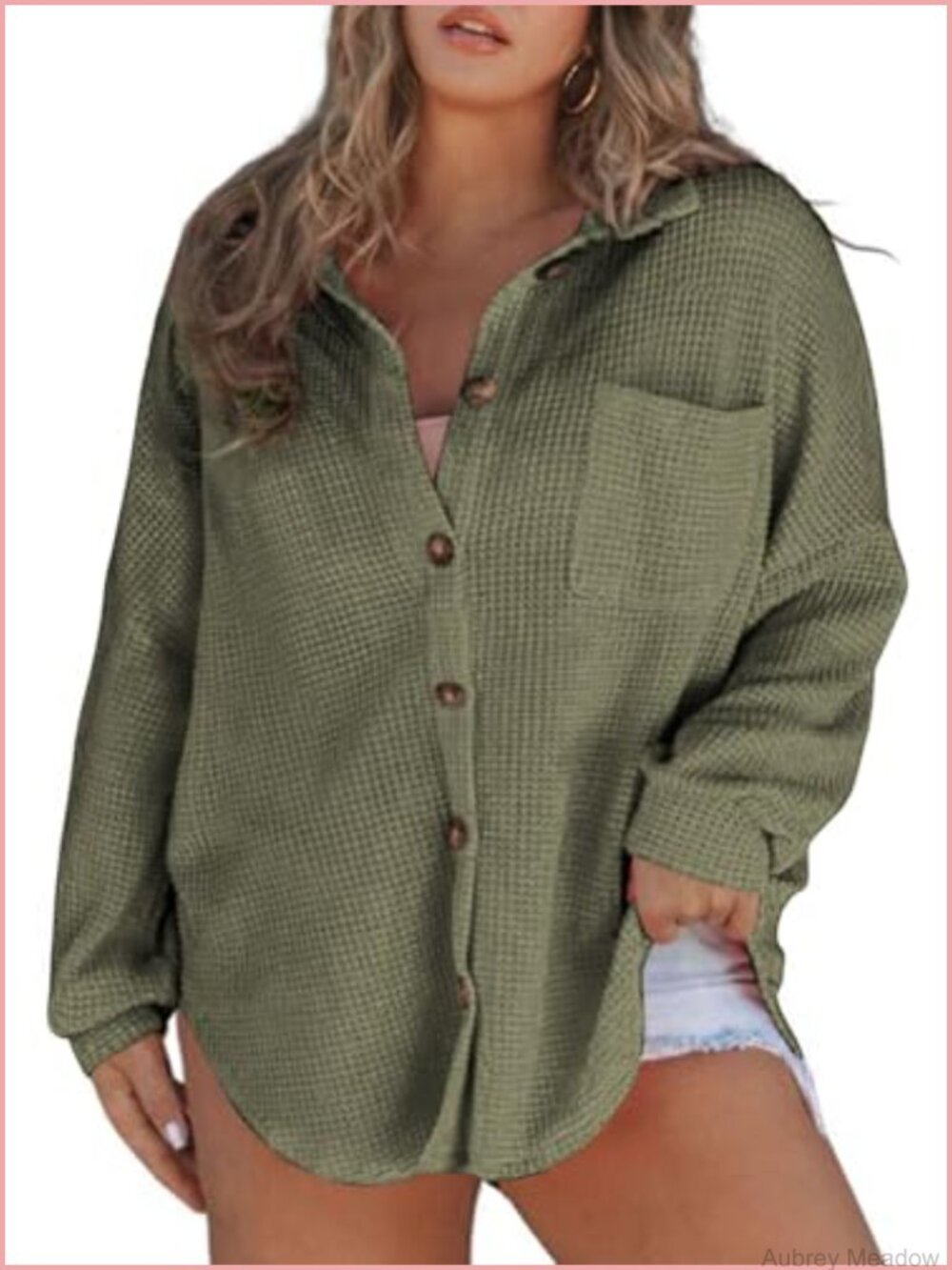 Plus Size Waffle Knit Button Down Boyfriend Shacket Oversized Top